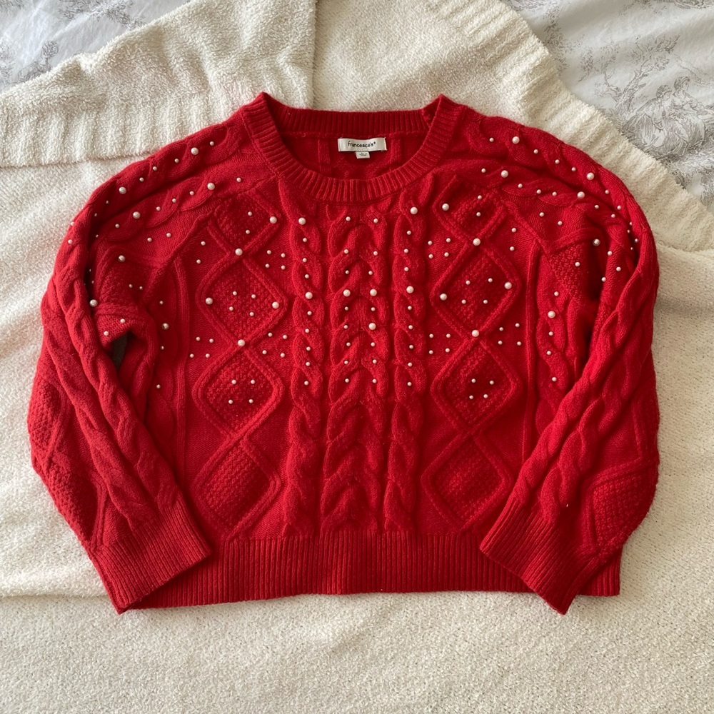 Francesca's Red Sweater with Pearl Details